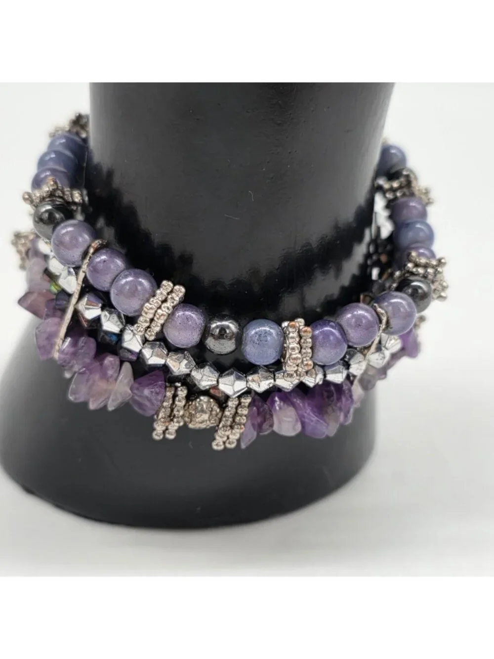 Amethyst Chips Bracelet Purple & Silver Multi-Strand Beaded 1" Wide - Picture 3 of 4